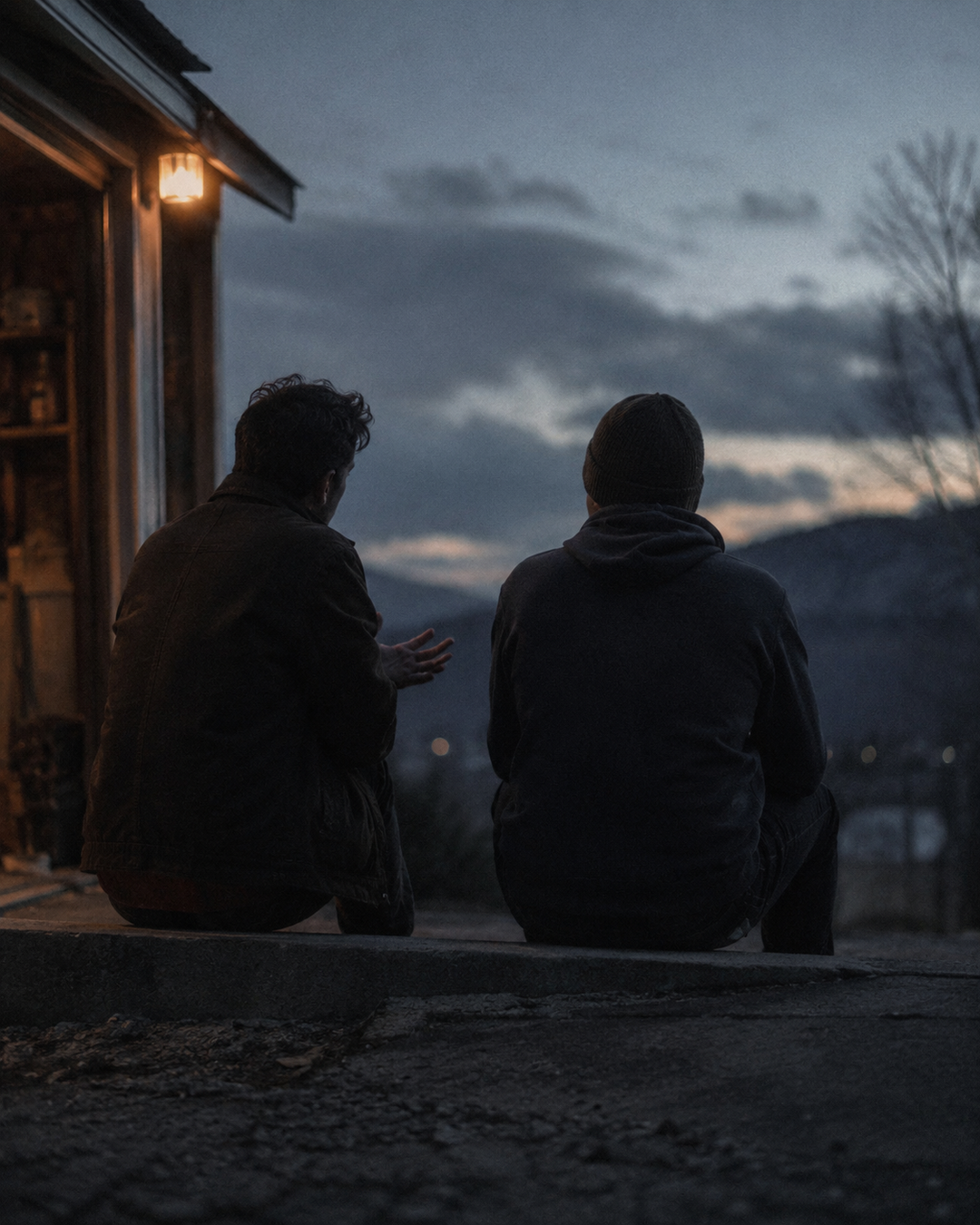 Two men sitting together on a porch at dusk