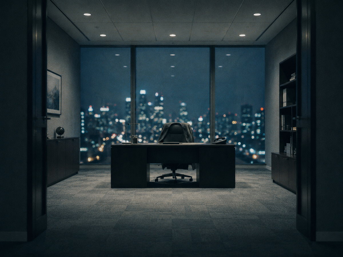 An empty office at night with a city skyline behind it