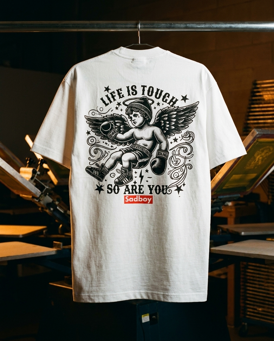 A freshly printed white Sadboy tee hanging in the Dallas studio
