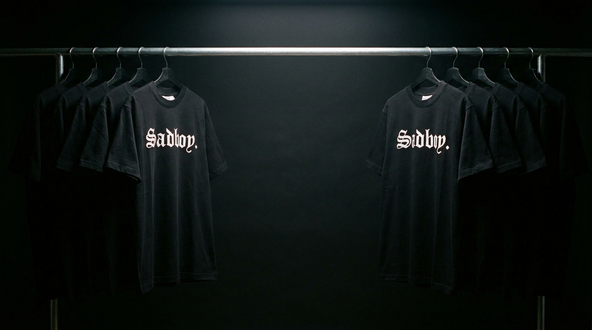 Sadboy tees hanging on a rack under a single light