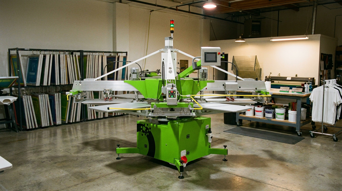 The Sadboy print shop in Dallas, automatic screen printing press and racks of screens